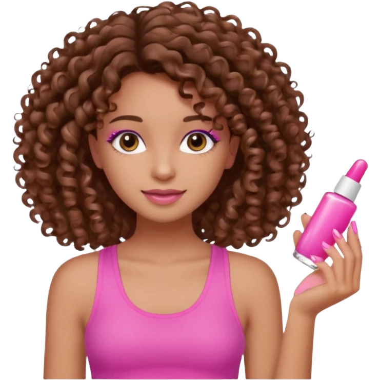Uma menina com o cabelo cacheado é morena, e com uma regata rosa com unha em gel  emoji