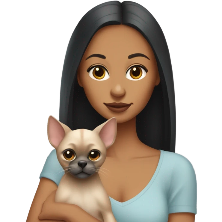 Latino woman with black staight hair and brown eyes is holding a grey sphinx cat and a ginger Pomeranian dog emoji