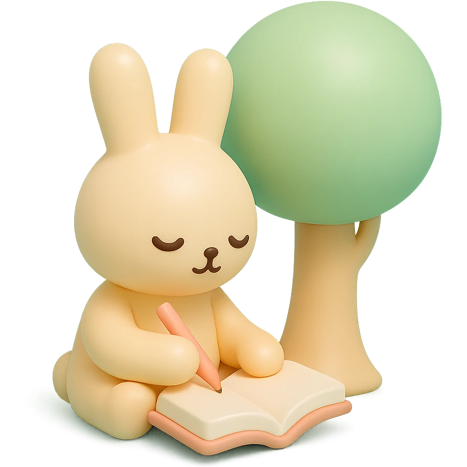 rabbit writing in a journal under a tree, pastel green and beige, vinyl figure style emoji