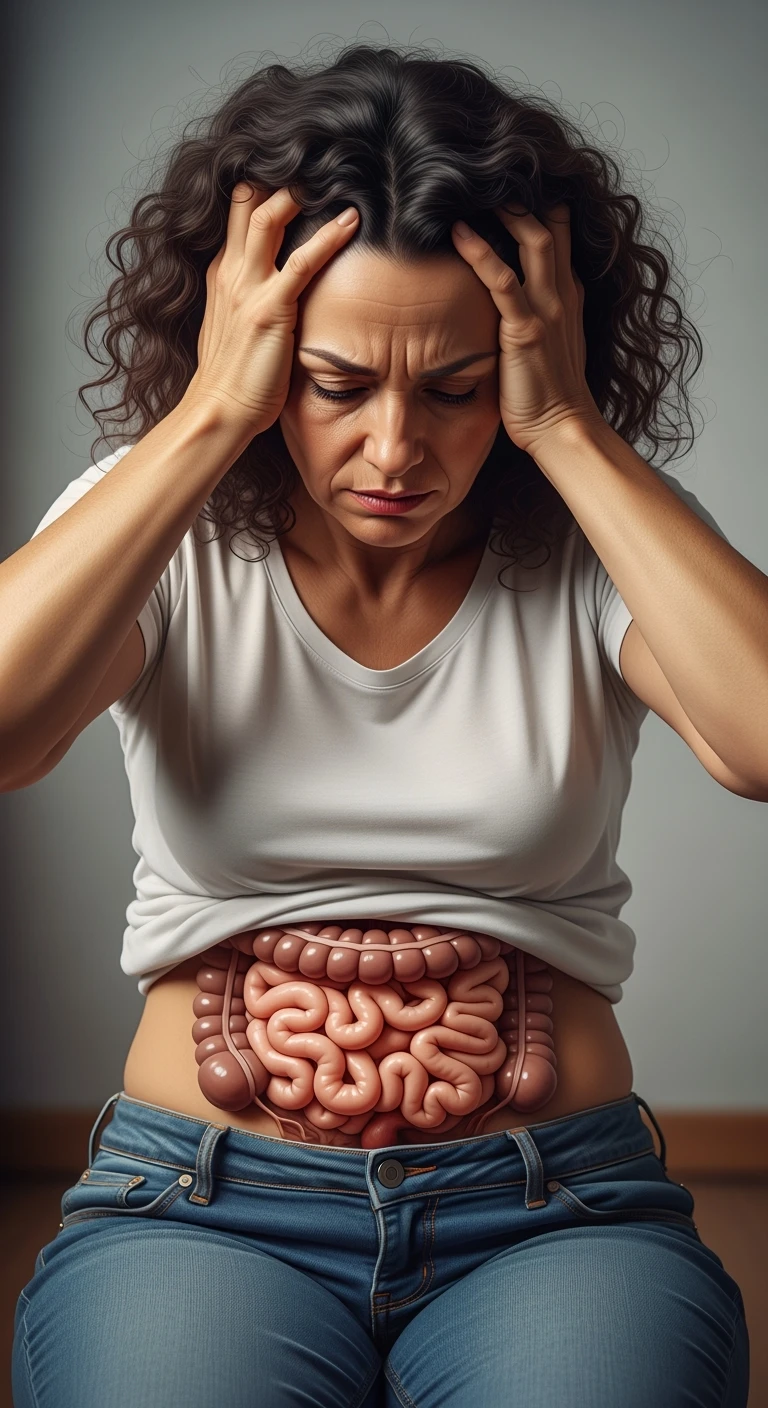 DONNA stanca con intestino realistico in evidenza che si tiene le mani sulla testa, iperrealistici 4k, non disegnati emoji