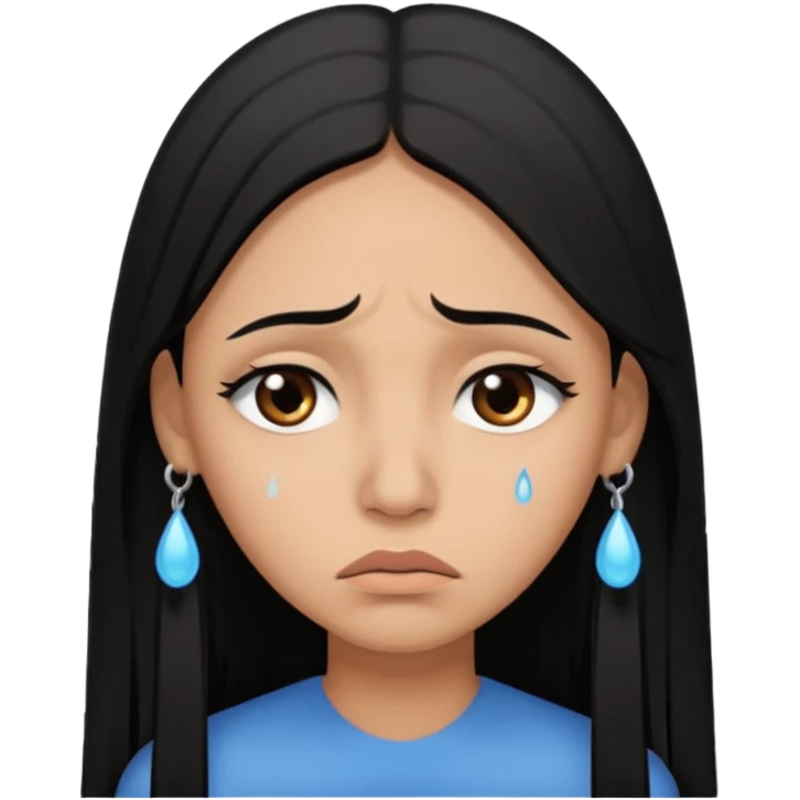 Sad crying woman with long straight black hair, brown skin tone, teardrops on face, worried eyebrows, neutral mouth emoji