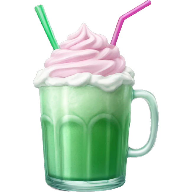iced green drink with pink whip cream in glass cup emoji