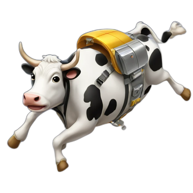 side-on view of cow flying to space while wearing a jetpack with legs being pushed back by the wind emoji