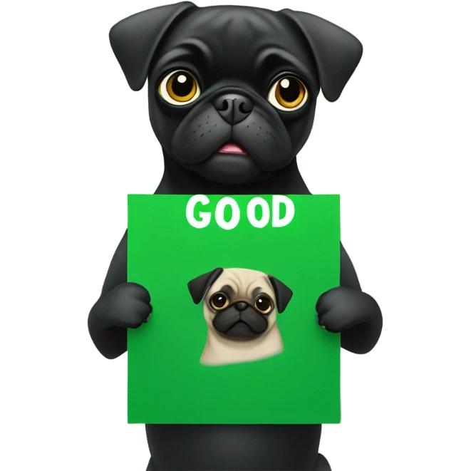 Black pug holding a green sign that says good luck  emoji
