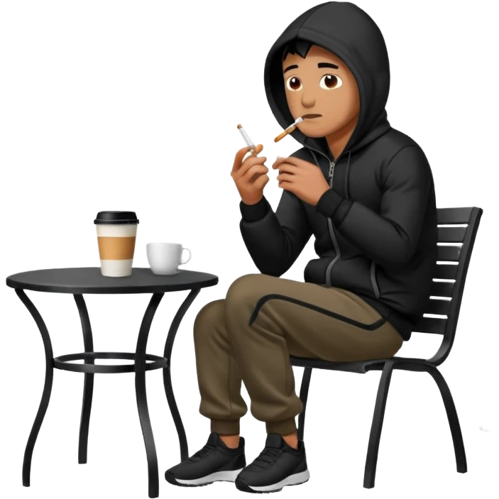 A man sitting on a chair, wearing a black puffed coat with hood and jogging pants, he is smoking a cigaret and drinks a coffee, he is freezing outsider, he is on a chair, the chair is an outside coffe terrasse black metal chair emoji