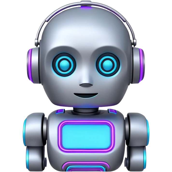 chatbot robot in gray color, with neon glow lines, blue neon glow on top left, purple neon glow on bottom right emoji