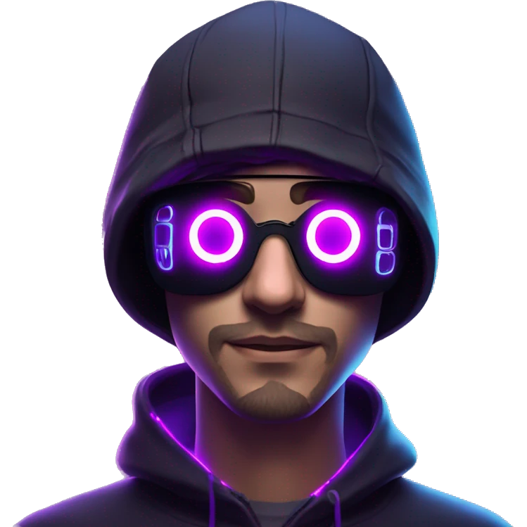 Russian man wearing a black hoodie with "OMG" letters on it and VR headset in a cyberpunk VR environment with violet neon lighting. emoji