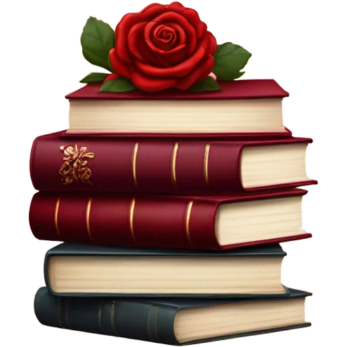 A red stack of books with a maroon bouquet of vintage-style roses and a silk ribbon emoji