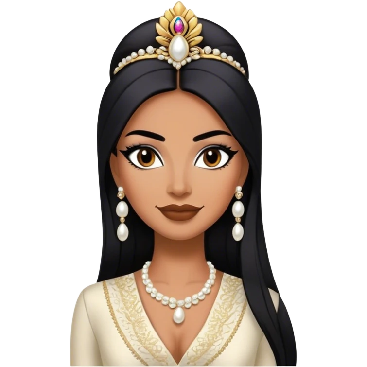 beautiful fit tall woman boss, with long straight black hair, with make up, black eye liner, smile mooth close, mexican, brown skin, wearing beautiful couture outfit and discret pearl  emoji