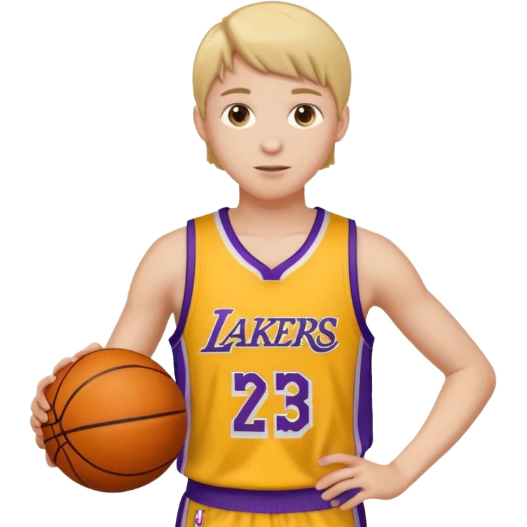 Joven con color de piel claro con uniforme de basquetball laker sosteniendo una pelota de basquet emoji