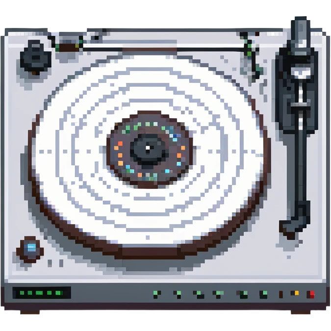 Technics turntable in pixel art style, showing platter, tonearm, and strobe dots, silver and black emoji