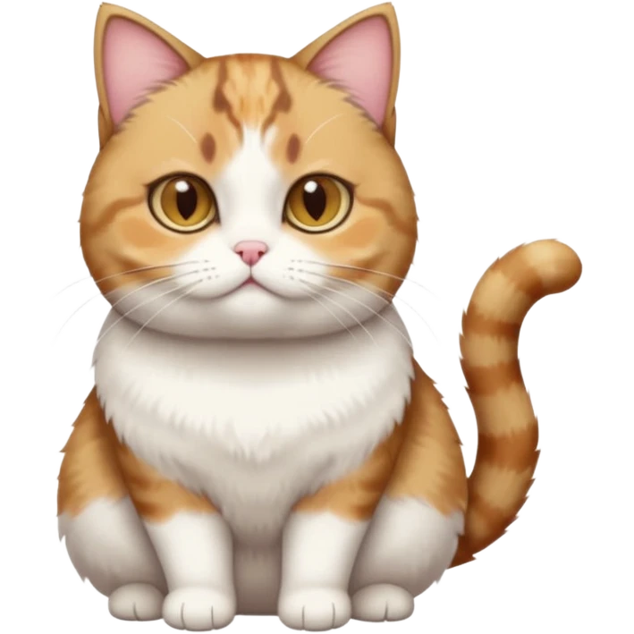 full body torbie and white cat with small head, hazel eyes, and short but chubby body emoji