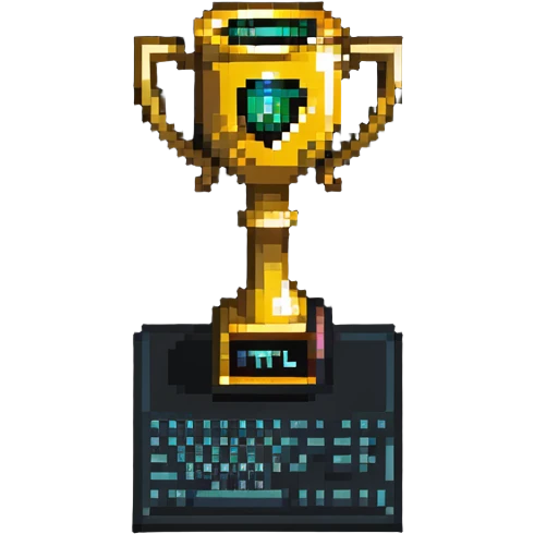 A golden trophy with a computer/code symbol for hackathon winner emoji