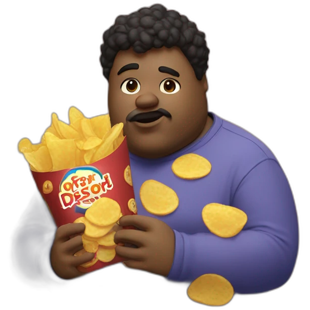 A fat guy eating Chips with a „Discord Mod“ tshirt emoji
