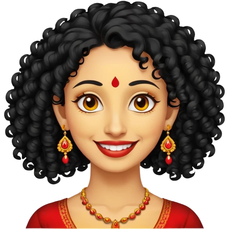 "- Phụ nữ
- 35 tuổi
- Da vàng
- Tóc đen xoăn nhẹ
- Có chấm đỏ Bindi, đeo khuyên tai
- Mặt cười
" emoji