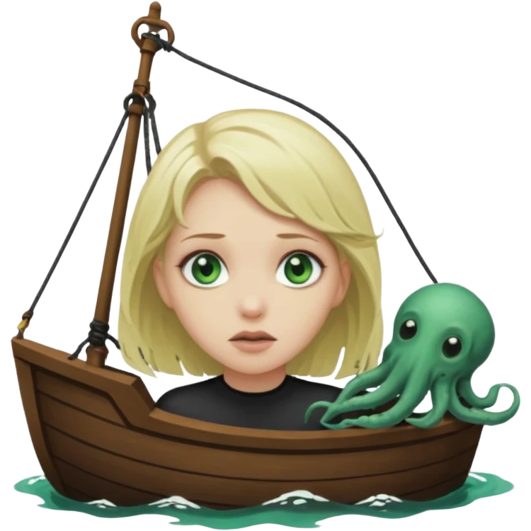 sad depressed weak cs major who is a pretty girl with blond hair and green eyes drowning on ship, very pretty very sad and weak. Near death almost dead drowning. But the pretty girl is like the whole ship and her face is on the helm dark lovecraft evil. emoji