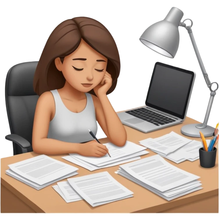 Woman dozing off at bare workspace, just papers on desk emoji