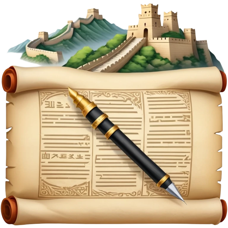 icon featuring an ancient scroll, quill pen with famous historical landmarks and monuments like the Great Wall and the Colliseum in the background. Historical figures are depicted as statues, symbolizing the study of history. Transparent background highlights the legacy of past civilizations. emoji