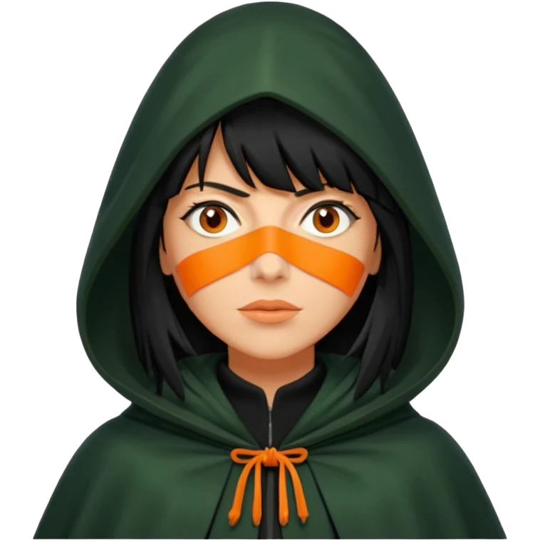 traitor tv show, person wearing dark green cloak with hood up who looks like claudia winkleman orange skin tone and thick black fringe emoji