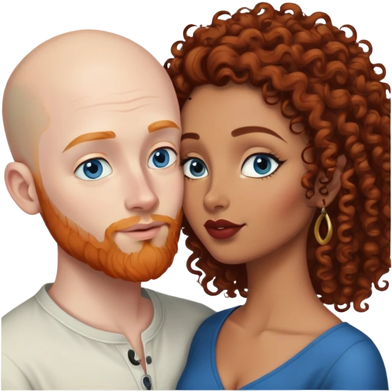 Bald white male with ginger beard and blue eyes kissing indian brown woman with jet black curly hair emoji
