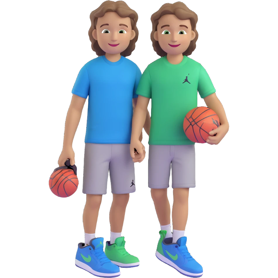 boy with light brown wavy hair, short sides, long top, green grey eyes, dark blue shirt, smiling, holding a Jordan sneaker emoji