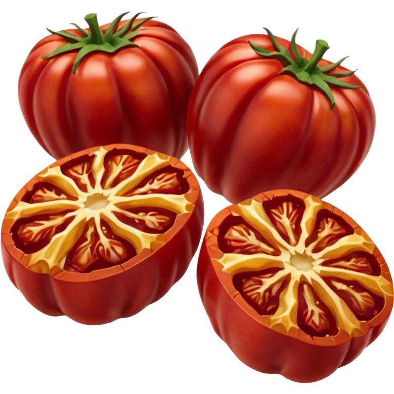 small cluster of wrinkled deep red sun-dried tomato halves glistening with light coating of oil, soft yet chewy texture, visible folds, rich color variation, slight oil pooling around base, glossy look, no jar herbs or extras, apple emoji style, soft lighting, subtle shadows, emoji scale emoji