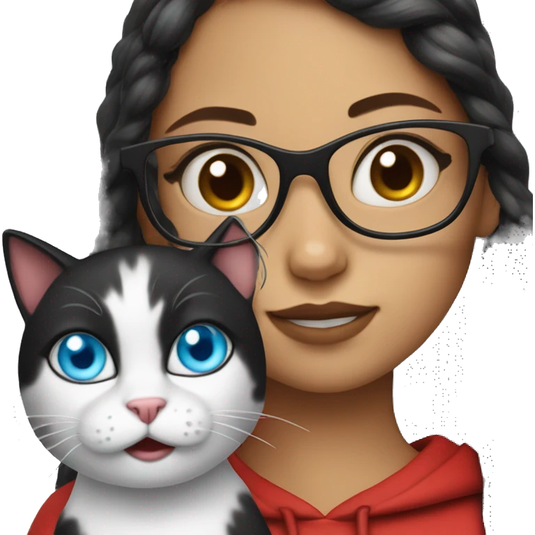 a girl with blue eyes, glasses, a split hair black and red, and her white cat emoji