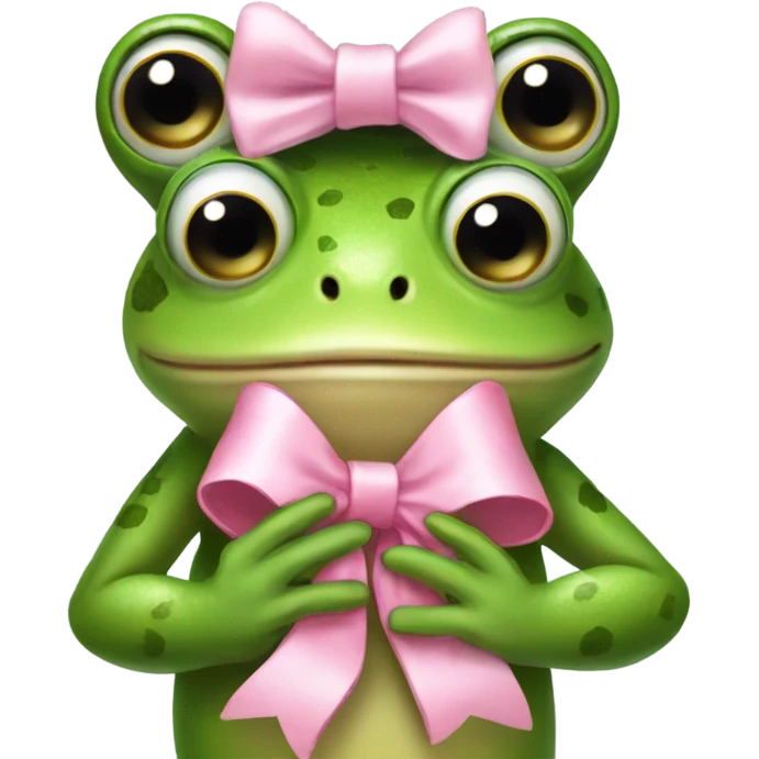 Frog wearing pink bow on head while holding teddybear in his hands emoji