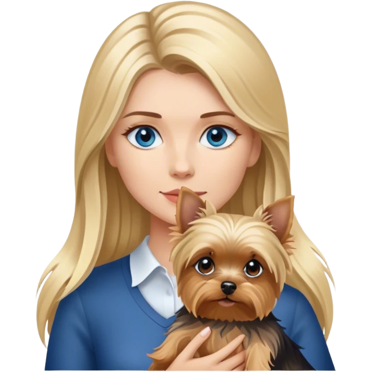 Blonde balayage long hair women with blue eyes holding a Yorkshire terrier  emoji