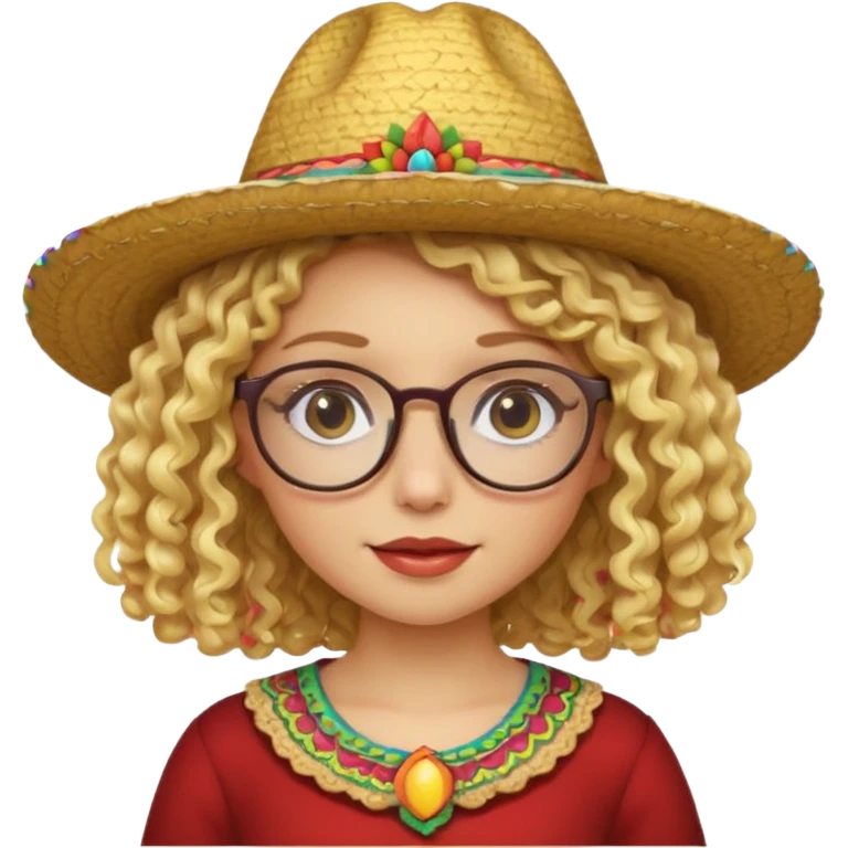 blonde girl with curly hair and glasses with a Mexican hat emoji