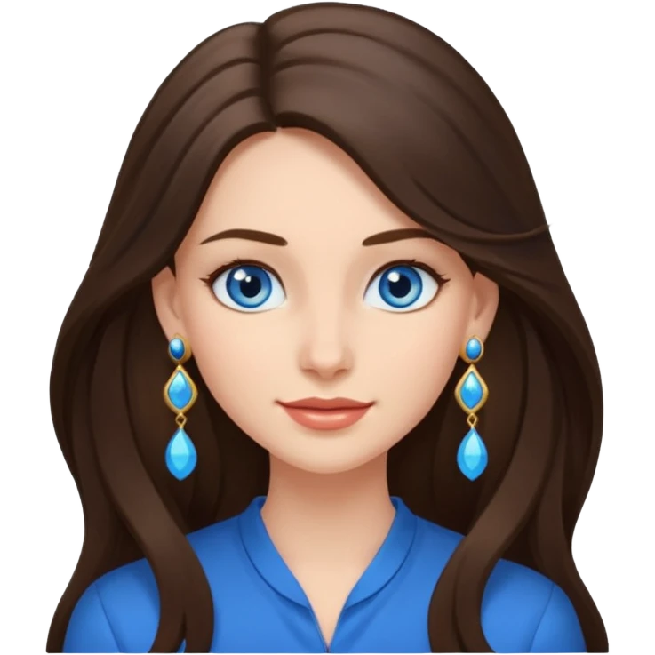 
Create an emoji of a brunette with blue eyes. She should have long hair, stylish clothing, and a friendly facial expression. Add some accessories like earrings or glasses to make the look more interesting. emoji