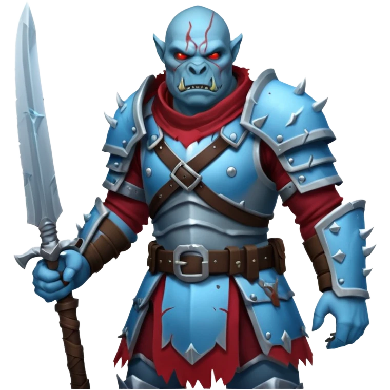 Fantasy Christmas orc legion soldier icon, iron tundra army theme, heavy winter armor, disciplined brutal look, cold steel armor cracked with frozen crimson lines, bloodfrost effect, icy blue and dark red color palette, minimal clean emoji style emoji