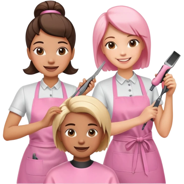 happy woman in pink apron getting a haircut from smiling female hairstylist emoji