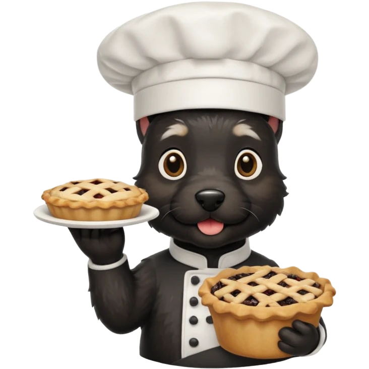 Black Scottie wearing chefs hat holding a pie  emoji