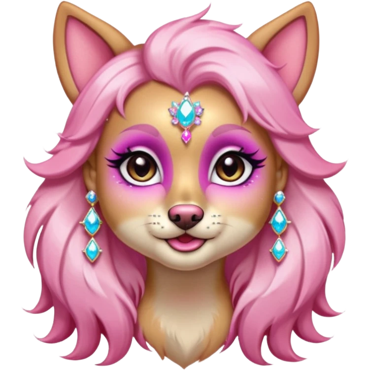 glamorous dog portrait, head and shoulders only, exaggerated pink makeup, bright eyeshadow, long eyelashes, shiny blush cheeks, sparkling face gems, glitter accents, elegant earrings, fantasy beauty style, cute 3D cartoon, mobile game icon style, clean background, no text, no watermark
 emoji