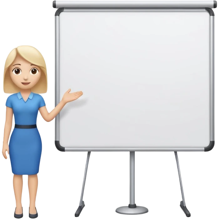 A clean emoji-style illustration of a person giving a presentation, standing next to a large presentation board on a stand, board empty and white, no podium, no desk, no table, friendly proportions, soft 3D emoji style emoji