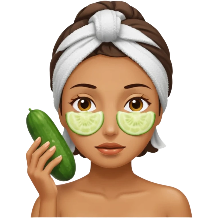 woman at the spa with cucumbers on her eyes (no eyeballs showing) and tan skin tone with towel covering hair emoji