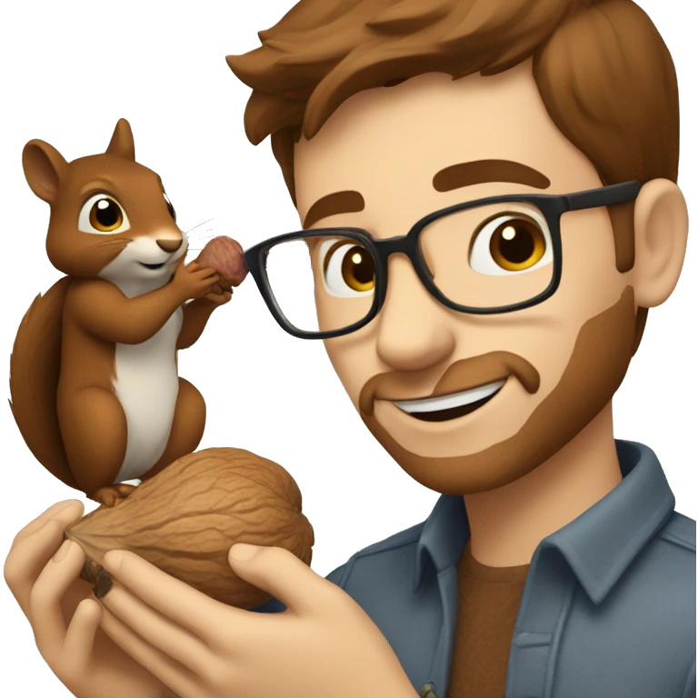 A man with brown hair, glasses and fair skin, feeds a squirrel with walnut emoji