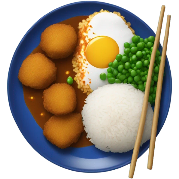 Blue plate with katsu curry and rice ball with peas emoji