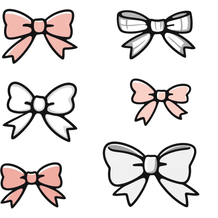 cute bows in various shapes and sizes in pastel colors dd9fb0, ffc6d3, a3bfc9, c4bee2, f1b091, hand-drawn doodle style emoji