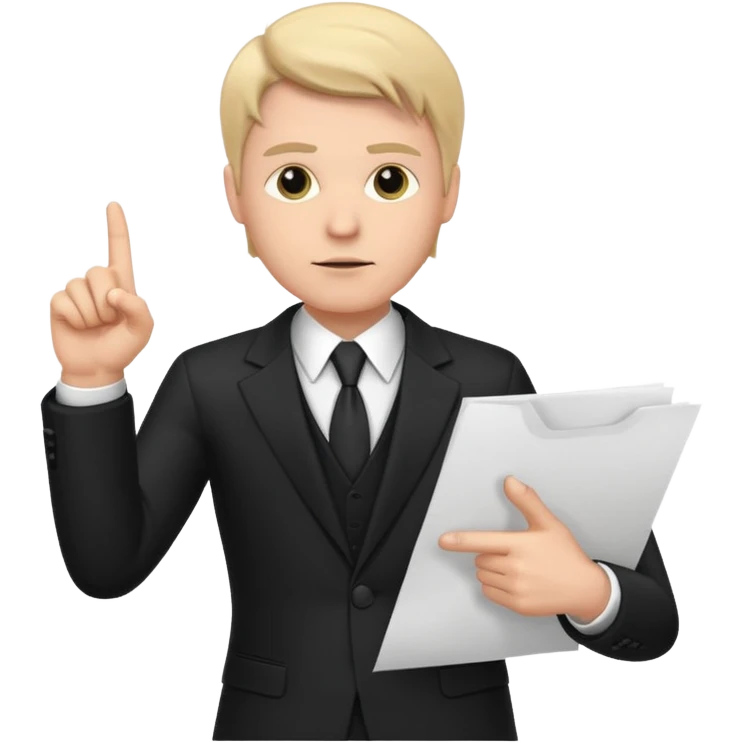 A white man in a black suit stands with a serious face and points at his hand holding papers. emoji