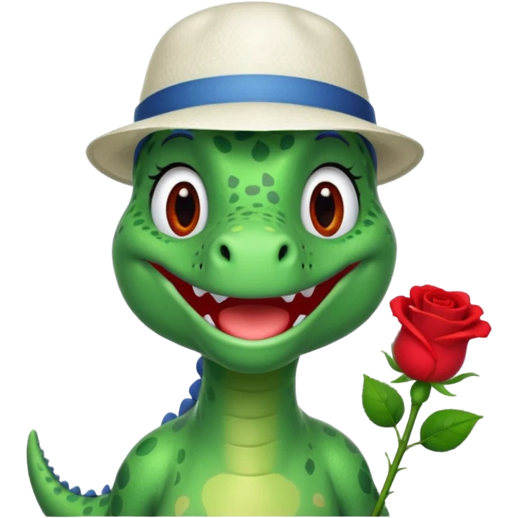 Dorothy the Dinosaur from The Wiggles with white hat with red rose, green skin emoji