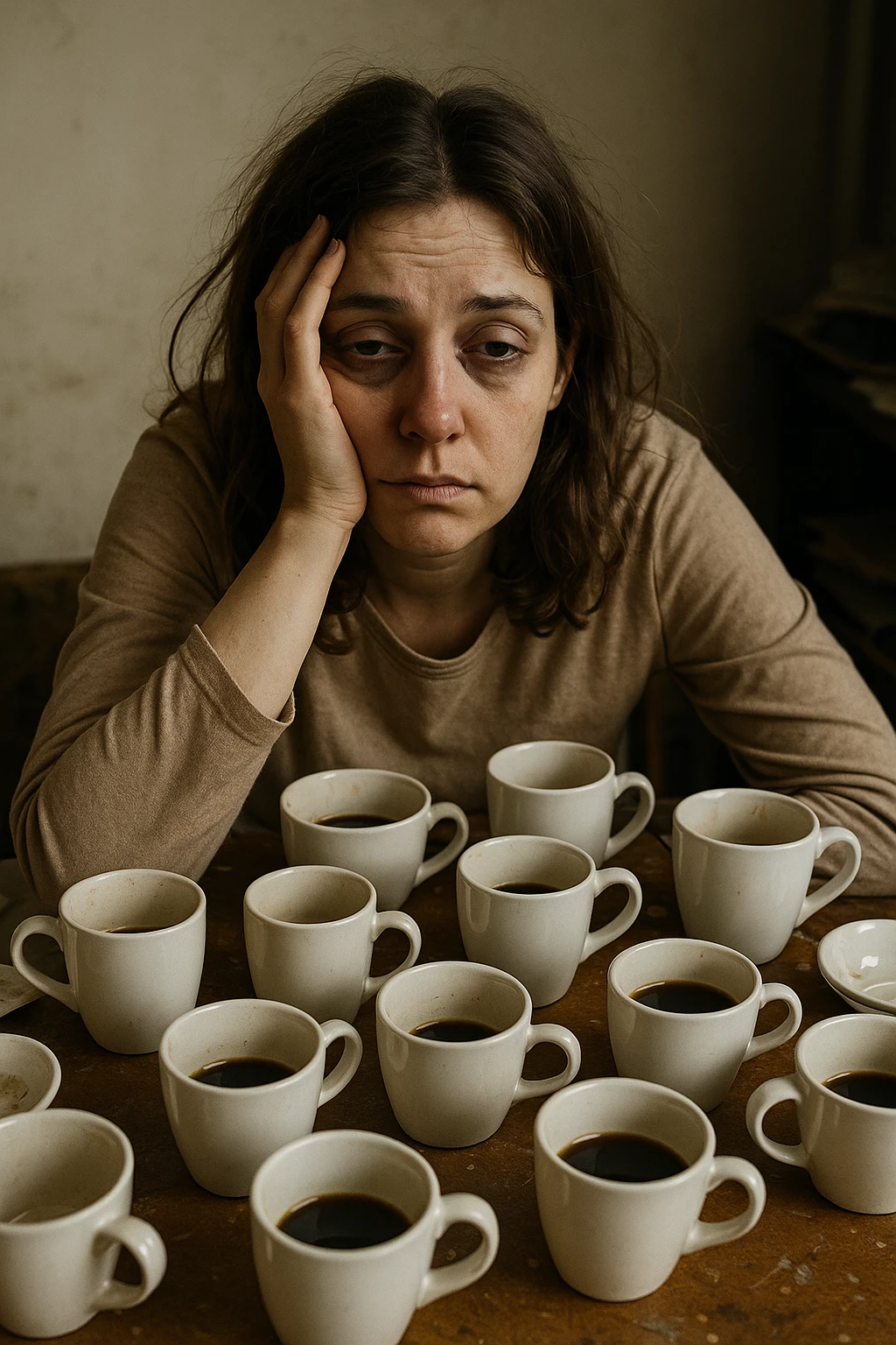 donna con stanchezza cronica distrutta e stanca che si fa tanti caffè emoji