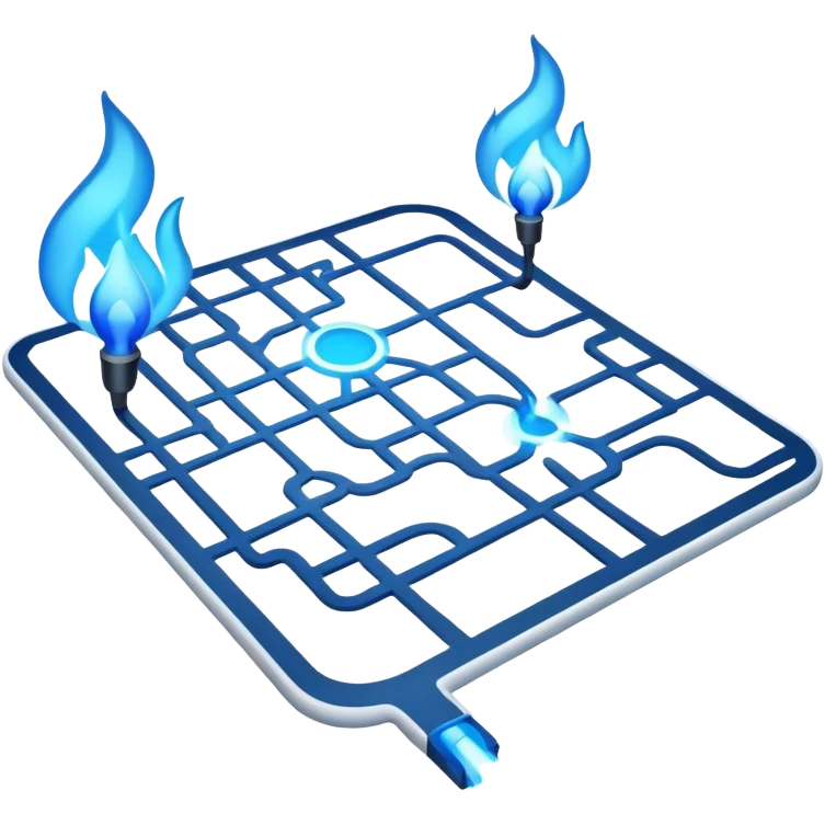 a map with a glowing blue flame on the x and networking paths emoji