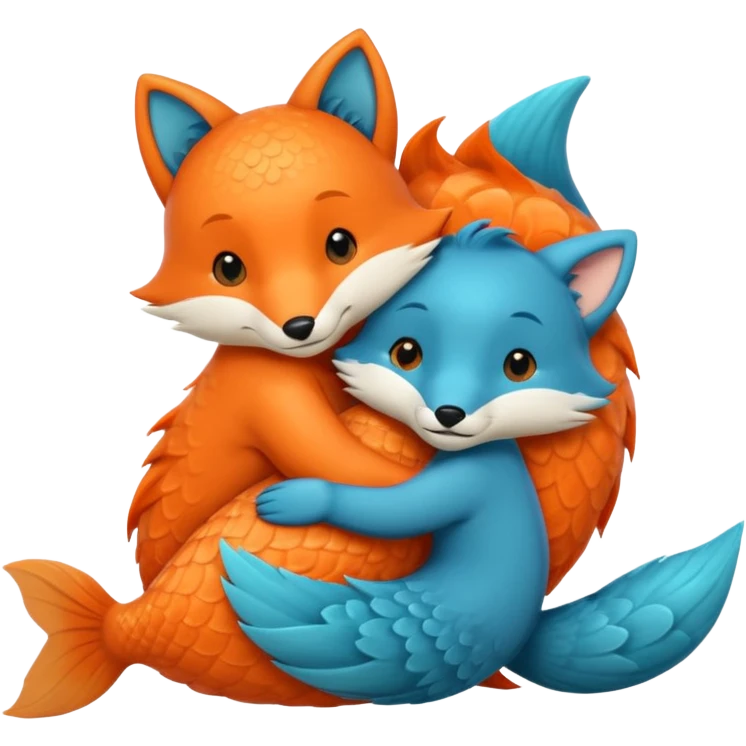 One orange fish and one teal blue fox, that are hugging or cuddling each other emoji