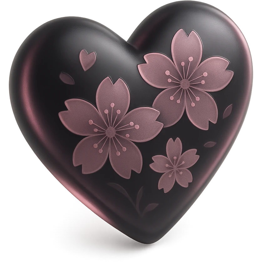 goth sakura heart, 3D glass style, black heart with translucent pink sakura, shiny and elegant emoji