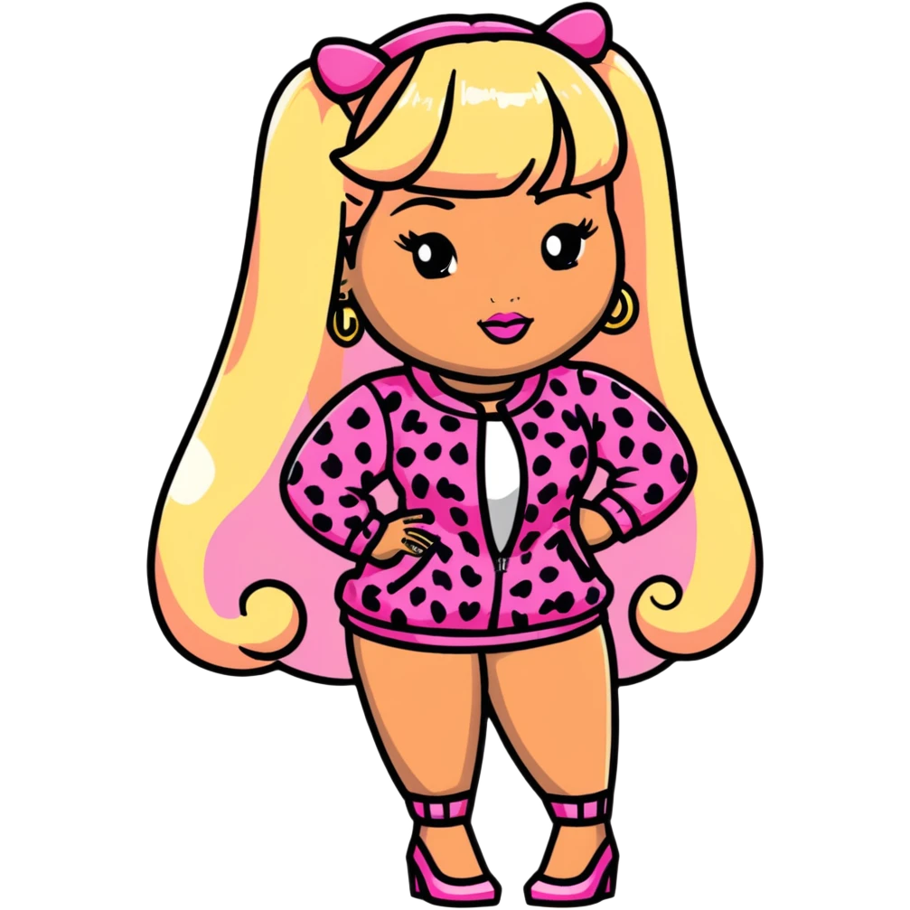 Nicki Minaj wearing pink and white leopard print outfit with half blonde half pink hairstyle with bangs emoji
