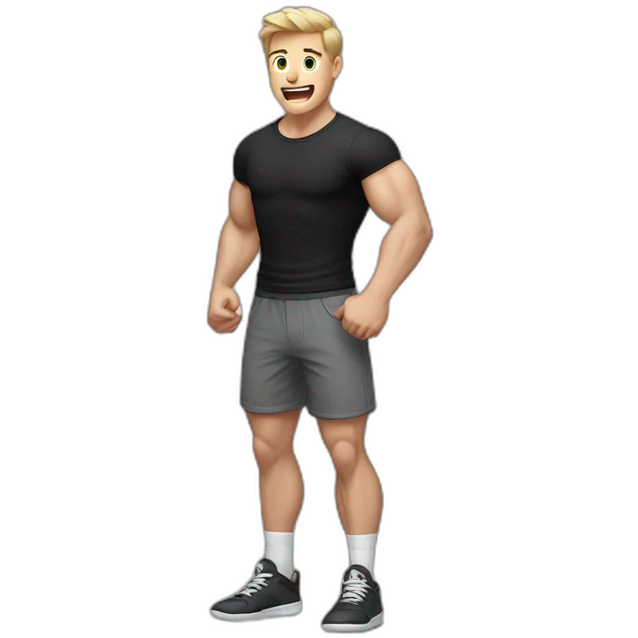 amazed Open with surprise mouth Pale skinned Fit Man With the biceps and dark brown hair in black shirt, gray sports shorts and white Sneakers emoji