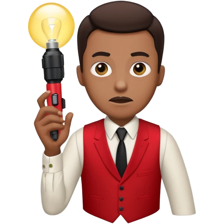 Movie theatre usher in red vest and black tie with normal flashlight looking scared emoji