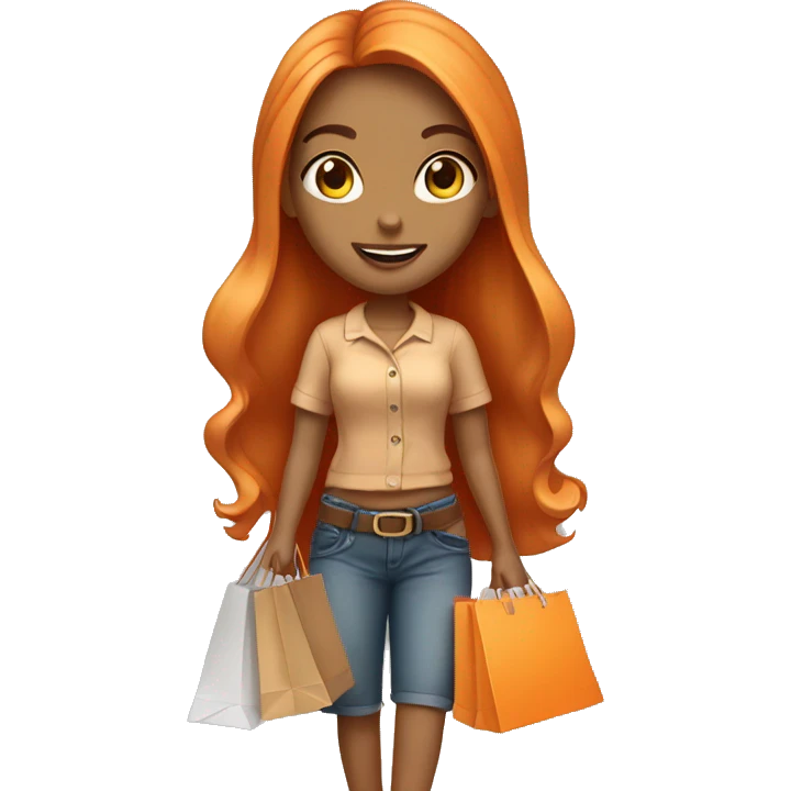 Tan girl with long orange hair wearing cute outfit holding shopping bags emoji